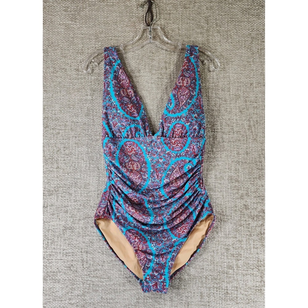 J.Crew Ruched Femme One-Piece Swimsuit Womens M Blue Red Floral Paisley Plunge
